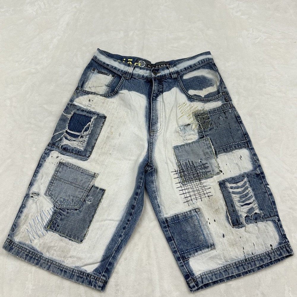 Noiz Jeans Denim Shorts Mens 34 Blue White Patchwork Distressed Baggy Y2K Skater